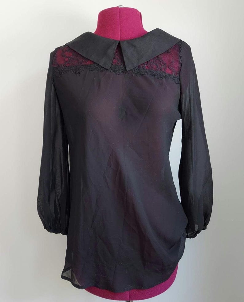 Decadent Black Blouse: Peter Pan Collar, Opaque Chiffon, Spidery Lace | Gothma Tunic image 3