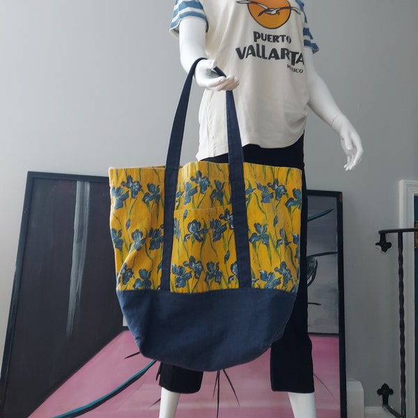 Blue Iris, Sunny Canvas Tote | Large Size, Sturdy Yellow Cotton, Dual Handle | From India | Market Bag, Road Trip Ready | 16 x 15