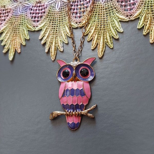 Vintage Owl Necklace, 70s Large Perched | Black Crystal Eyes | Pink Purple Enamel, Gold Branch | 30 Inch Chain, Owl 2.5 Inch | Giftable!