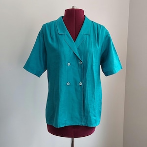 Vintage 70s Turquoise Shantung Blouse: Lady Arrow, Size Large