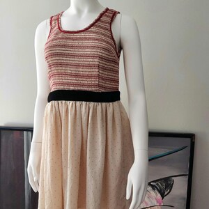 90s Chiffon Dress: Beige & Cinnabar, Black Velvet Sash, Ballerina Style