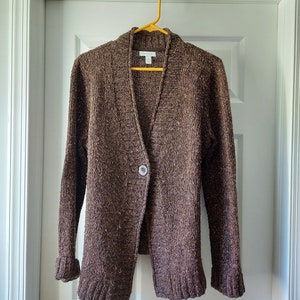 Marled Tweed Sweater Size L, Chest To 44 Inch | 1980s Charter Club Cardigan, Academia | Single Button, Shawl Collar | Cotton-Soft Acrylic