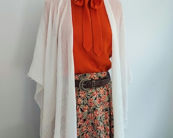 Vintage Fringed White Cloak: Pearl Shimmer Gauze Wrap