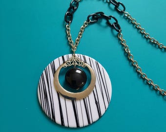 Vintage Monochrome Circle Pendant Necklace: Black/White Striped Plastic, Silver Chain