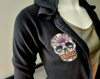 Lucky 13 Hoodie, Rainbow Sugar Skulls, Skeleton Sleeves | 90s Goth Black Size XS/S | Ponte Knit, Zip-Up Jacket, Pockets | 100% Cotton