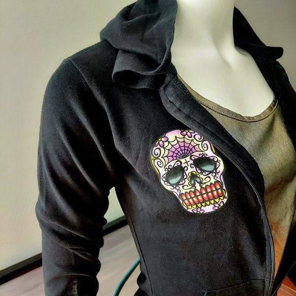 Lucky 13 Hoodie, Rainbow Sugar Skulls, Skeleton Sleeves | 90s Goth Black Size XS/S | Ponte Knit, Zip-Up Jacket, Pockets | 100% Cotton