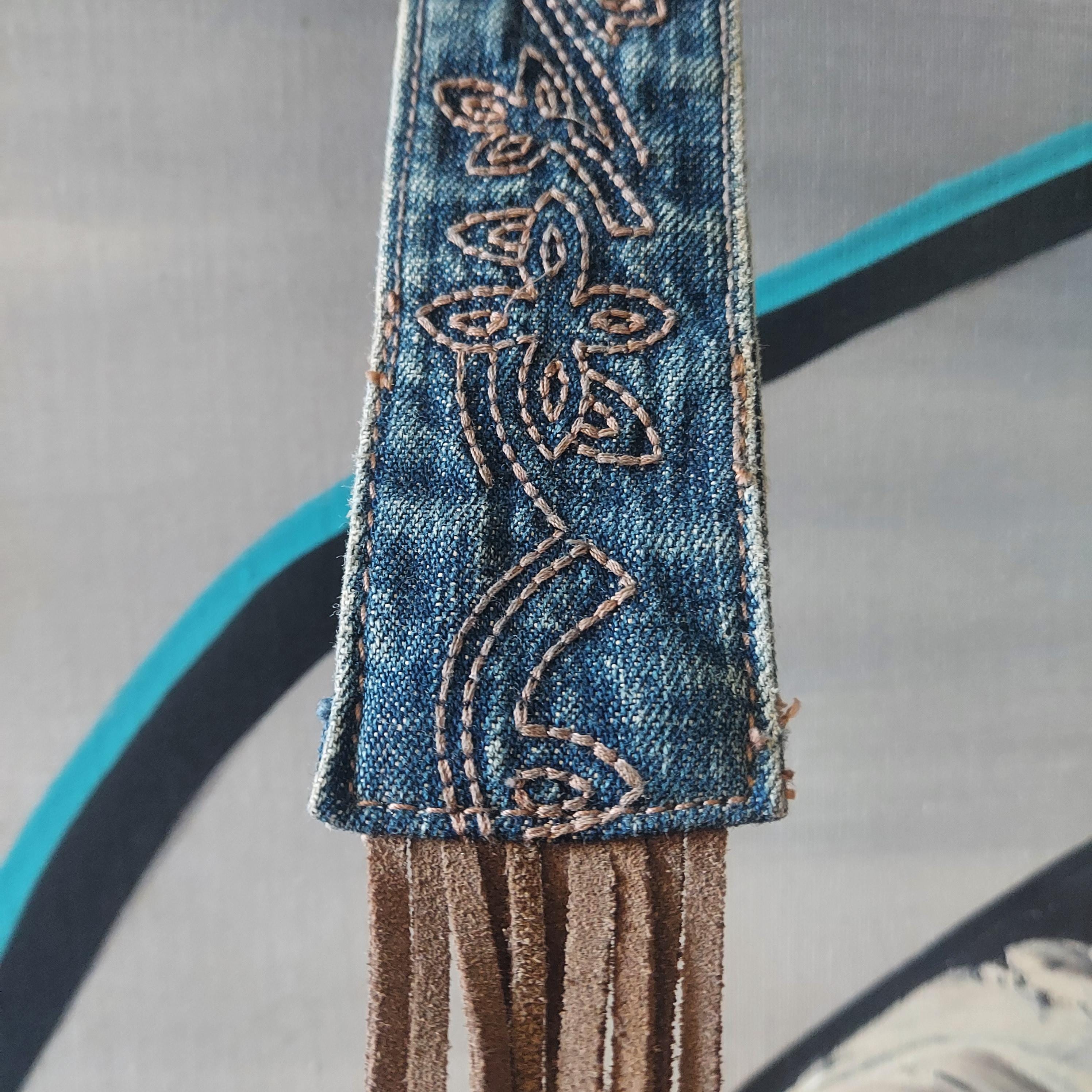 vintageリメイクデニムベルト Blue Denim Belt, Long Suede Fringe 1970s | Trapunto Stitch