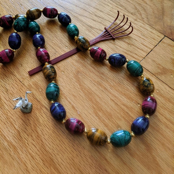 Collier Ancien Perles Marbrées Bleues-vertes - Perles Rondes - Occasion Bon état