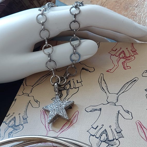 Vintage Celestial Star Bracelet: Silver Pave Char… - image 4