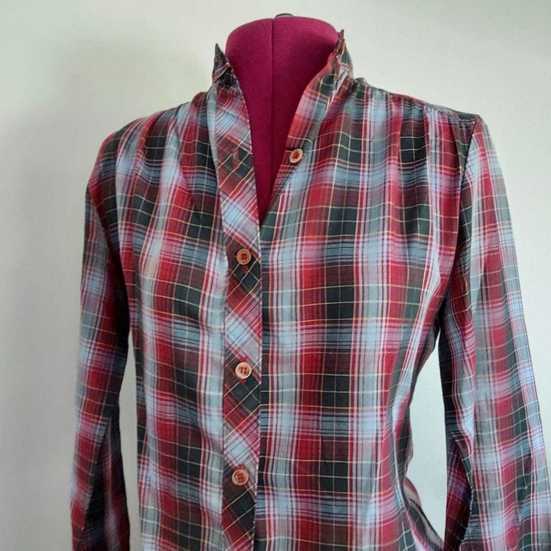 70s Plaid Shirt: Ripe Plum Navy, Gold Glitter Threads, Band Collar | S/M 36 image 2