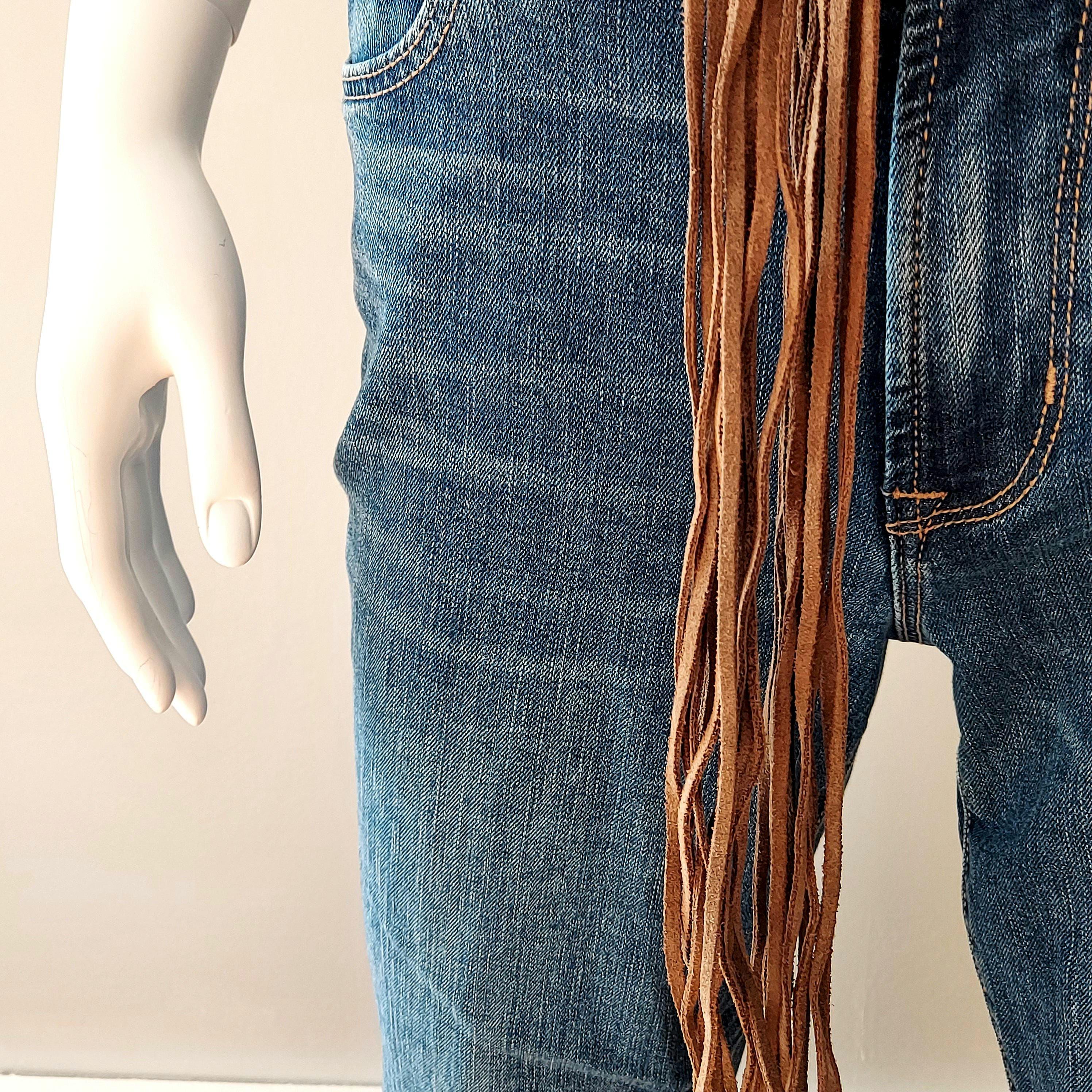 Blue Denim Belt, Long Suede Fringe 1970s | Trapunto Stitch