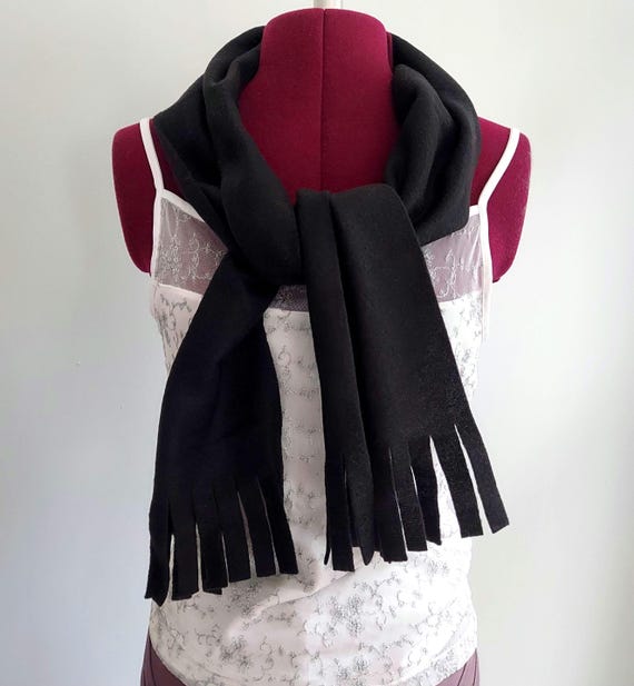 Black Fleece Scarf: Lightweight Polyester, Flat Fringe - 58 Inch