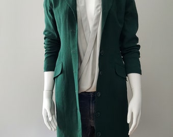 Emerald Evening Coat HARVE' BERNARD Green Crepe | Tailored Long Duster, Size 4/6 | Notch Collar, Princess Seams, Lined