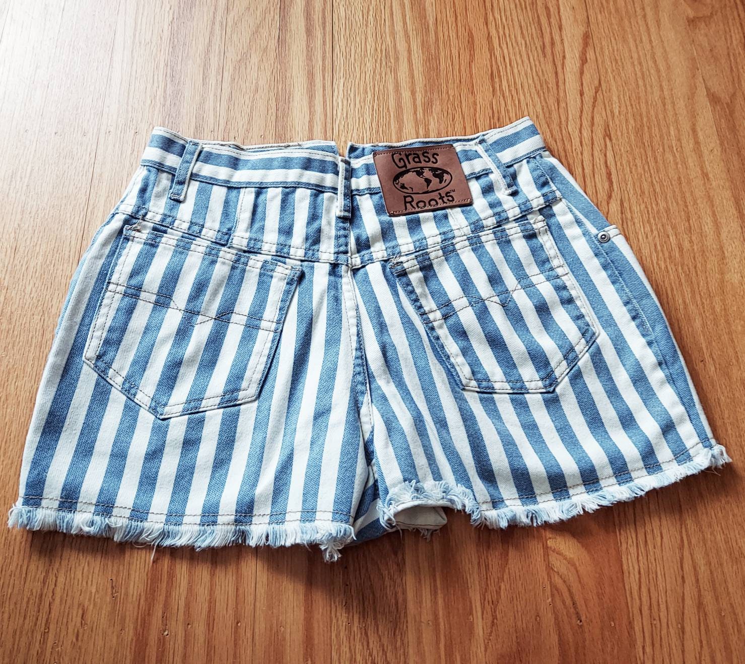 Striped Denim Shorts Size 7/8 RETRO 80s by Grass Roots High Rise, Country  Gal, Fringed Hems White & Blue USA Denim Leather Patch 