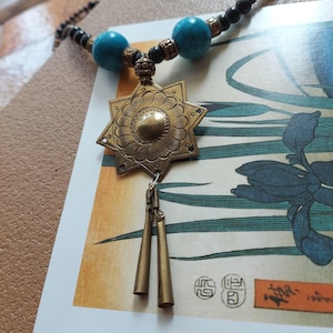 Brass Chime Necklace, Earring Set | Indian Star Amulet, Twin Pendulum Accent | Turquoise, Tigers Eye | Kinetic, Meditative, Yoga, Dance