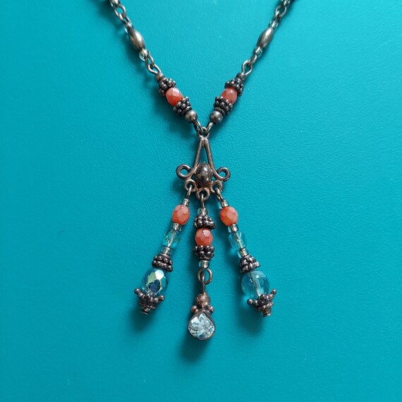 Art Deco Blue Topaz Y Necklace: Coral & 925 Sterling Silver