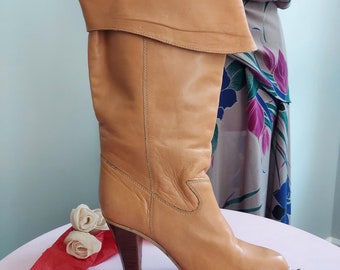 Vintage Cuffed Leather Slouch Boots: Palomino Tan, 1980s Bear