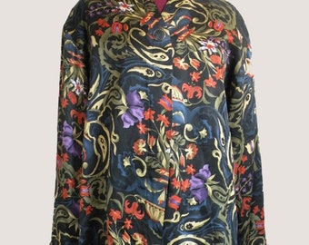 70s Chinoiserie Shirt (XL) Surreal Silk Floral | VINTAGE By Alexandria | Lavish Botanical | Sapphire, Amethyst, Carnelian | V-Neckline