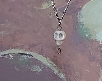Carved Skull Pendant, White Stone, Gothic Howlite Amulet | 17" Gift Boxed