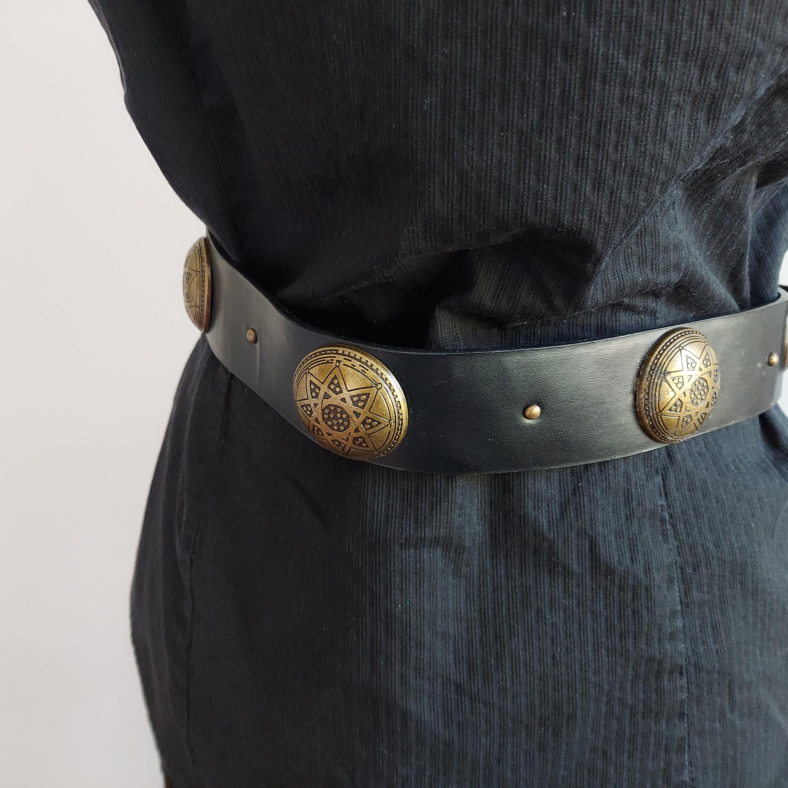 Vintage Concho Belt: Black Faux Leather, Tooled Brass 