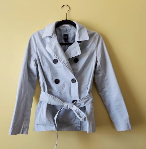Baby Blue Trench Coat Size S 34-36 Chest Tailored, Belt, Lined GAP