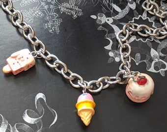 Pink Cupcake Necklace | 90s Kawaii Charms: Popsicle, Ice Cream Cone, Cupcake | Stainless Steel Chain, 18 Inch | Sweet Treats! Gift Box