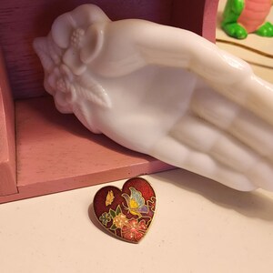 Vintage 1970s Cloisonne Heart Brooch Pendant: Butterfly Floral Enamel