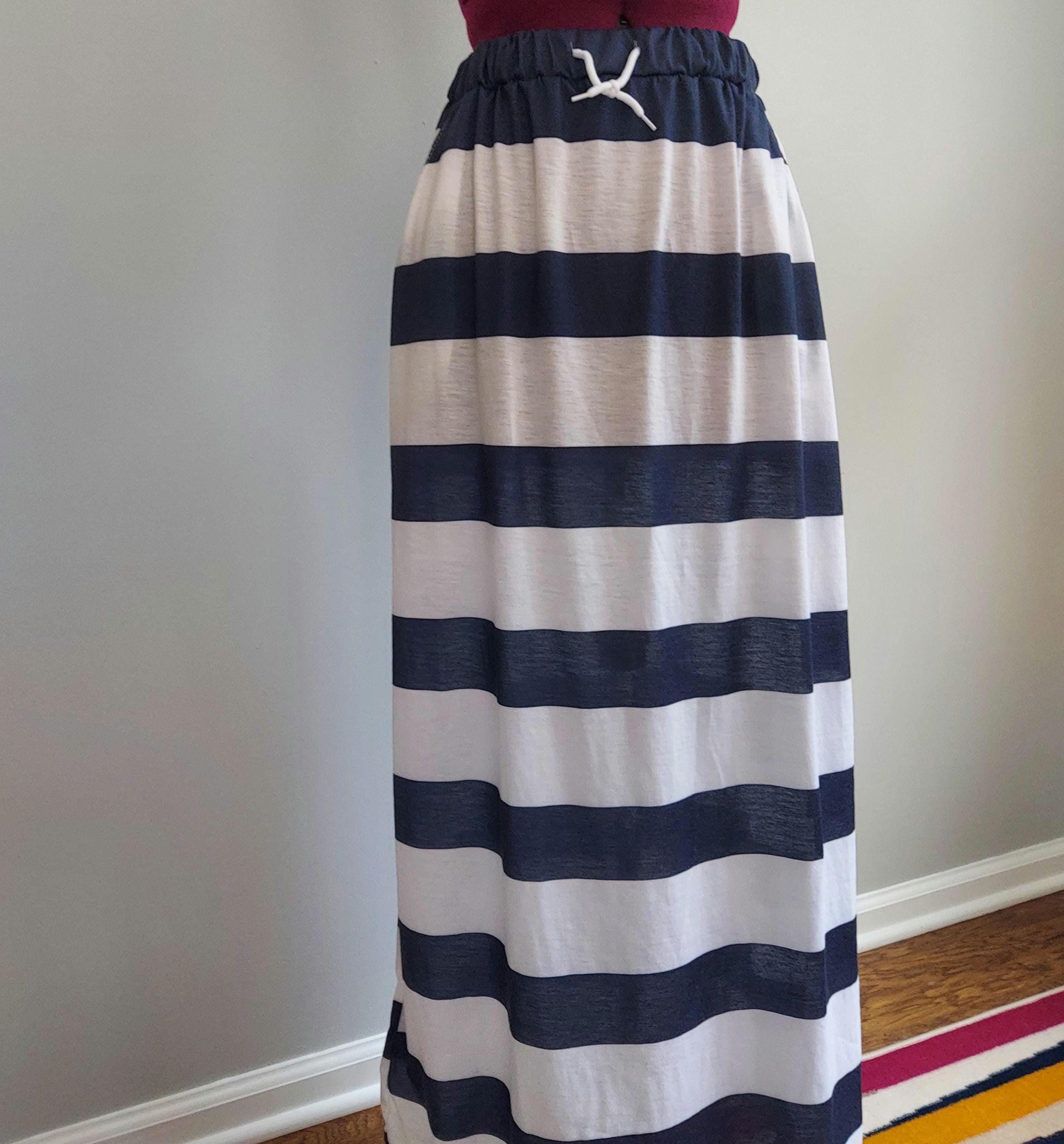 Drawstring Waist Pencil Skirt - Summer Stripes, Navy & White, Soft