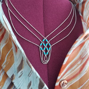Liquid Silver Necklace, 1970s Turquoise Stone Beads | Flexible Chains, Lies Flat | Vintage Southwest Tribal | 18.5 Inch, Gift Box