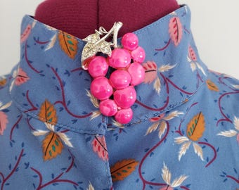 Vintage Enamel Grape Brooch: Hot Pink, Rhinestone Leaf, MCM Pin