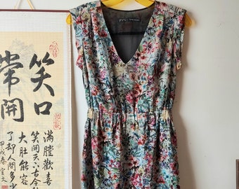90s Zara Floral Chiffon Sun Dress: V-Neck, Size Small