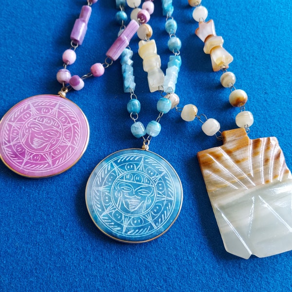 Mexican Onyx Medallions | Choose: Violet, Blue, Natural | Carved Stone Faces, Beads | Translucent Sun Motif | 21 Inch, Gift Boxed