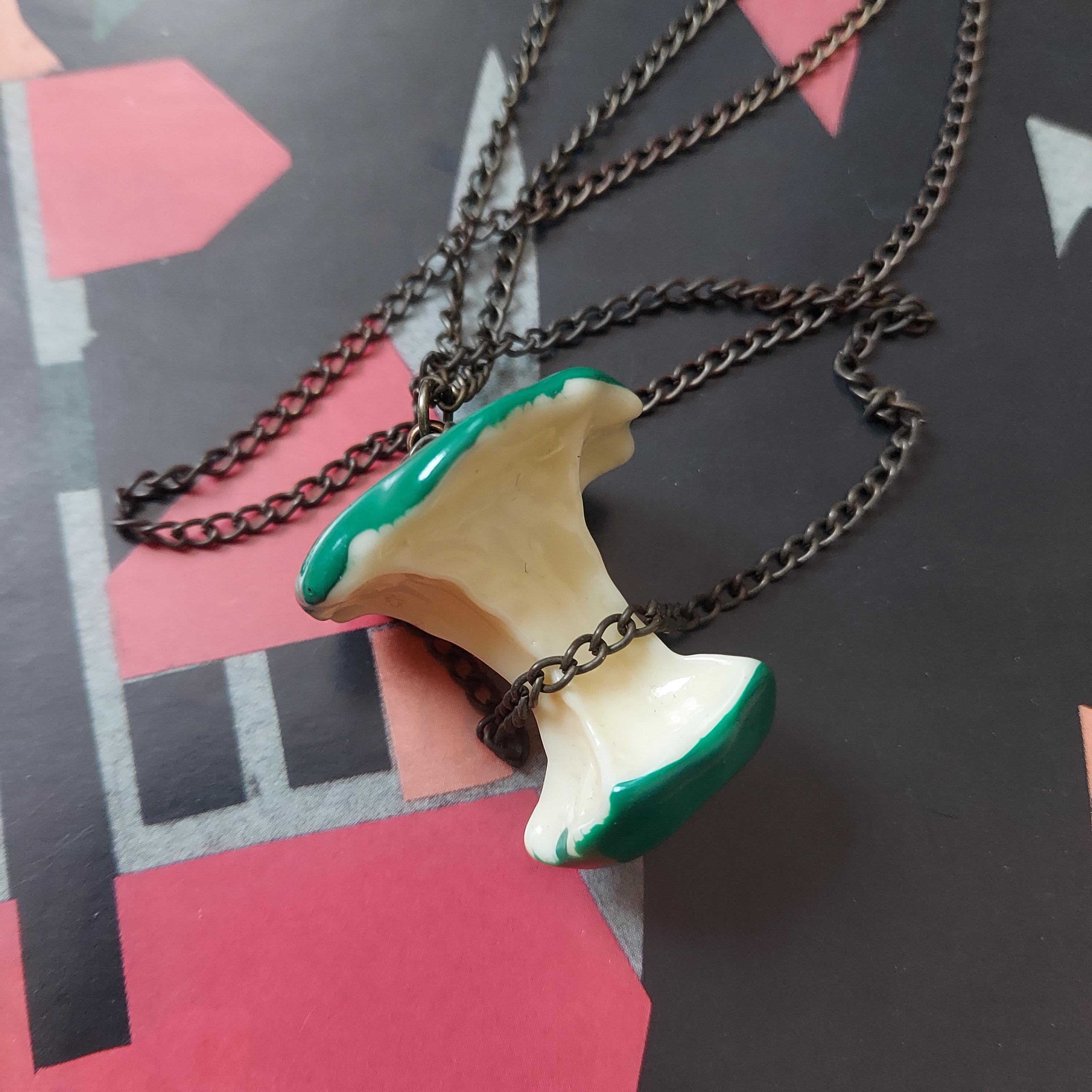 Vintage 70s Necklace: Green Apple Core, Long Brass Chain | Gift