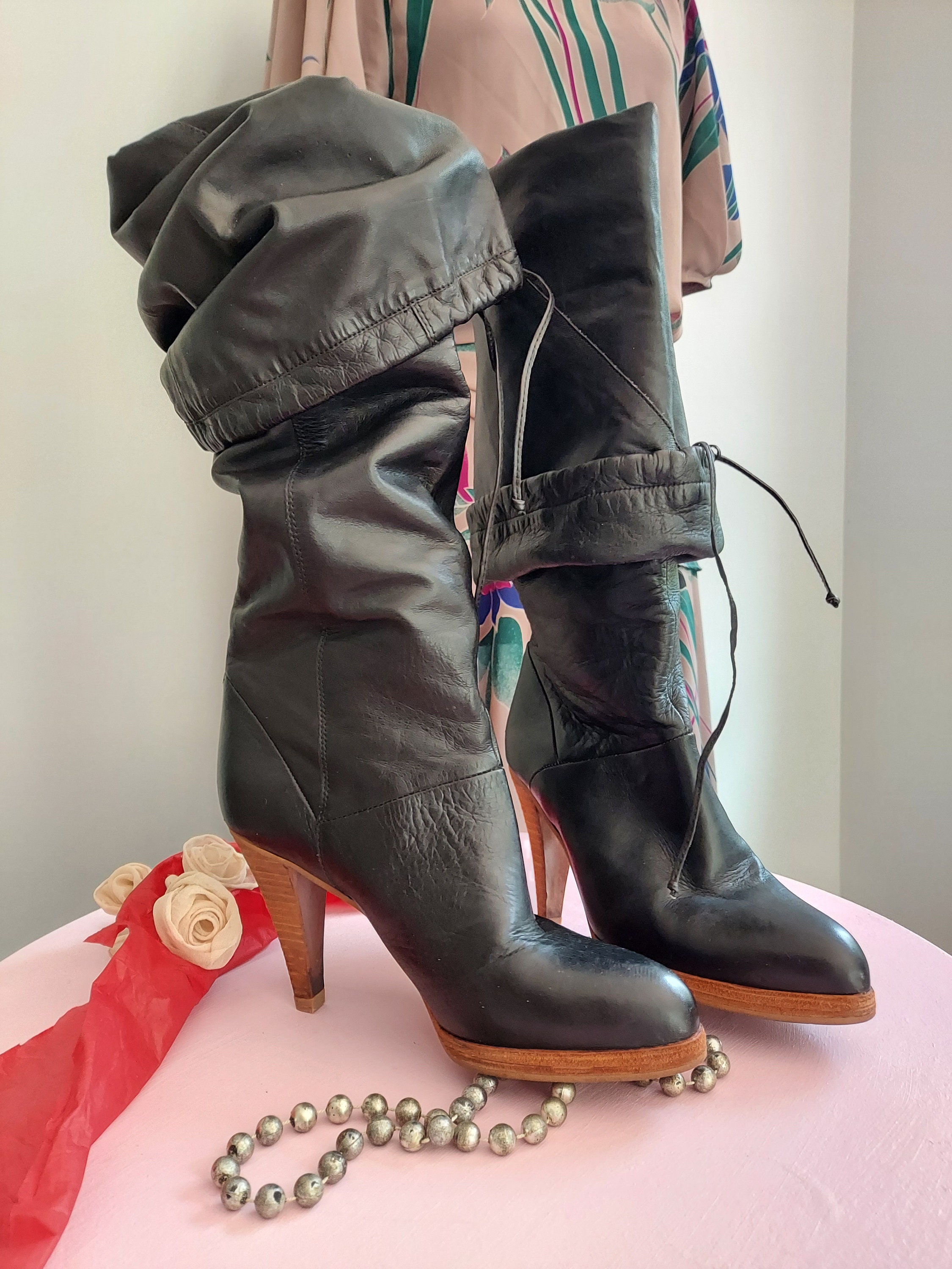 Knee-high Boots, Black Leather, Cone Heel Bear Trap 1980s Brazil Drawstring Top, Fold Down Cuff, Almond Toe Size 5.5 VINTAGE - Etsy Knee-high Boots, Black Leather, Cone Heel Bear Trap 1980s Brazil Drawstring Top, Fold Down Cuff, Almond Toe Size 5.5 VINTAGE - Etsy