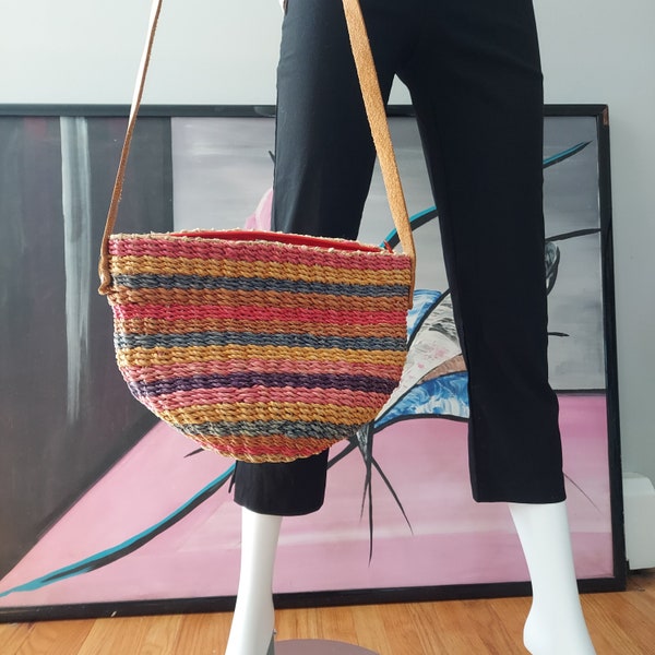 Straw Bucket Bag, Mini Size | Colorful Summer Stripes | RETRO 80s Woven Sisal | Pink Purple Blue Gold | Cross Body, Zip-Top | 10 x 7.5