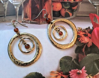 Hammered Hoop Earrings, Beaded, Kinetic | Brass Sheen, Carnelian Beads, Concentric Rings | Light To Wear 2.5 Inch | Gift Boxed