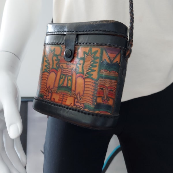 Leather Bucket Bag, Island Deity Motif | Colorful Ethnic Tattoos, Quaint Rustic | Mini X-Body, Oblong | Black Braid Handle, Snap Closure