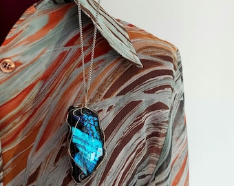 Vintage Sautoir Pendant: Blue Flame Glass, Silver Wire Cage | Long 24" Silver Chain