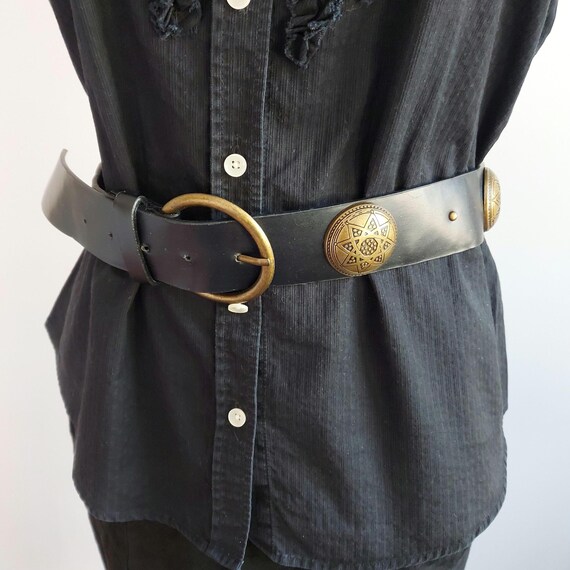 Vintage Concho Belt: Black Faux Leather, Tooled Brass  display picture 3