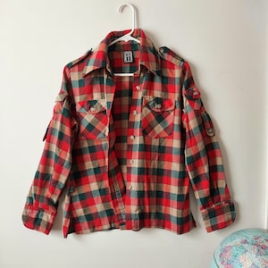 Autumn Plaid Shirt | 1970s Orange, Green, Gold | By MUSHROOMS | Patch Pockets, Epaulettes, Marbled Buttons | Chest 36, Unisex Long Sleeve