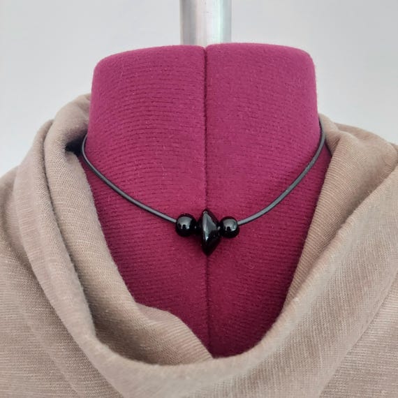Vintage 90s Black Bead Choker: Goth Grunge Rubber Cord Necklace