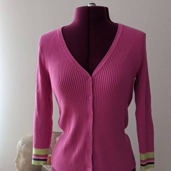 IZOD Barbie Pink Cardigan S/M | VINTAGE Preppy Knit | 6 Pink Buttons, Tennis Stripe Cuffs | Perfectly Pink :) Made In Hong Kong