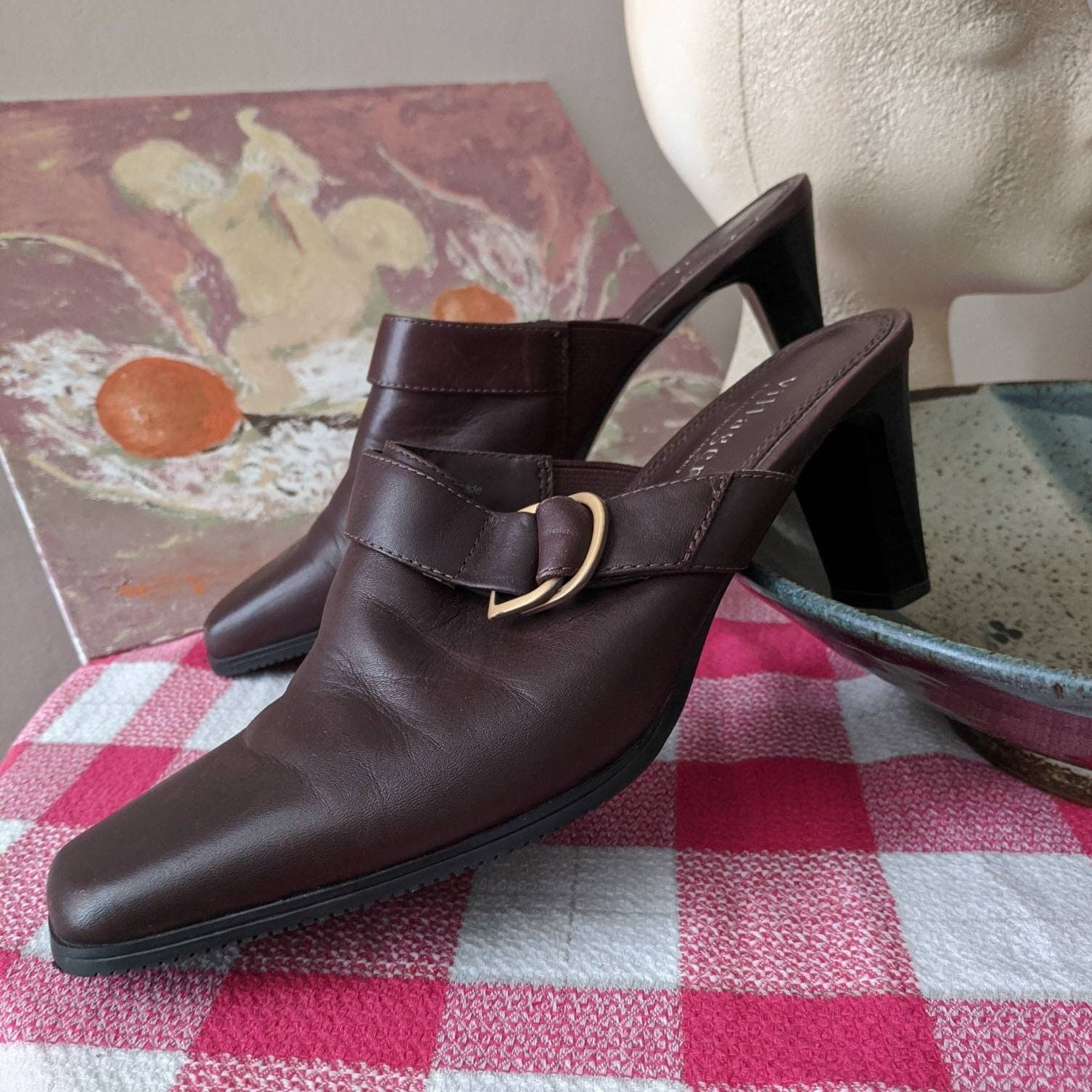 90s Brown Leather Buckle Mules: Square Toe Clogs, Size 7.5