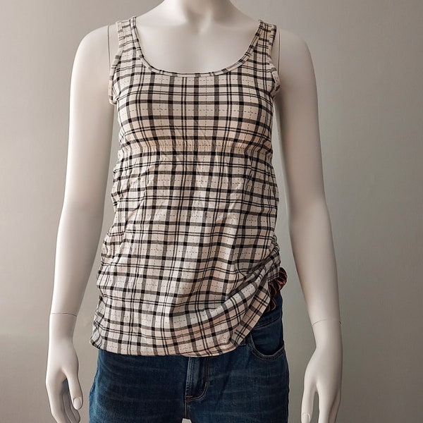 Light Summer Top, Packable Cotton Knit | Black/White Windowpane, Shimmer Threads | Fits XS To Small | Scoop Bodice, Empire Waist