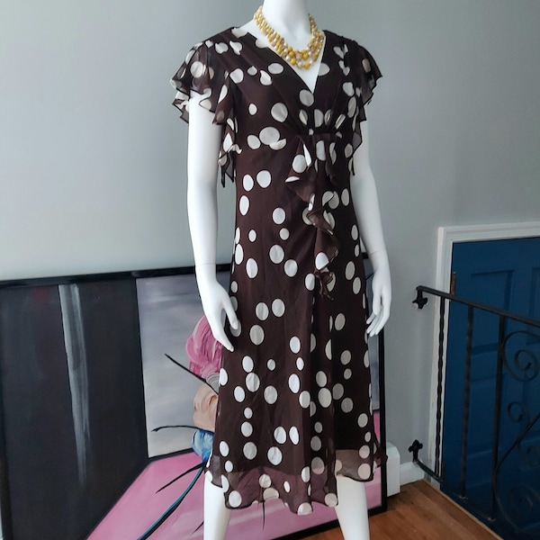 Chiffon Sweetheart Dress, Ascot Tie | Cocoa Cream | Fit & Flare, 1940s Look | Wispy Sleeve Easter Dress | Size 8/10 Lined, Side Zip
