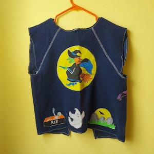 1970s Halloween Patchwork Vest: Navy Fleece Sweatshirt, Witch Appliques (Made In USA)