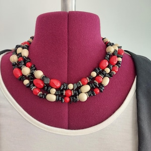 Folksy Festive, Wooden Bead Necklace | Red, Black, Beige | Silver Rosette Accents | 3-Strand Costume Jewelry 1980s | Adjustable, Gift Boxed