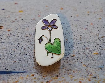 Copper, Enamel Brooch - Purple Violets, Green, White | Mid-Century Botanical Jewelry