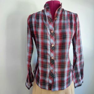 70s Plaid Shirt: Ripe Plum Navy, Gold Glitter Threads, Band Collar | S/M 36 image 1