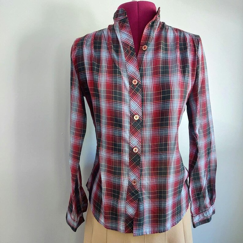 70s Plaid Shirt: Ripe Plum Navy, Gold Glitter Threads, Band Collar | S/M 36 image 1